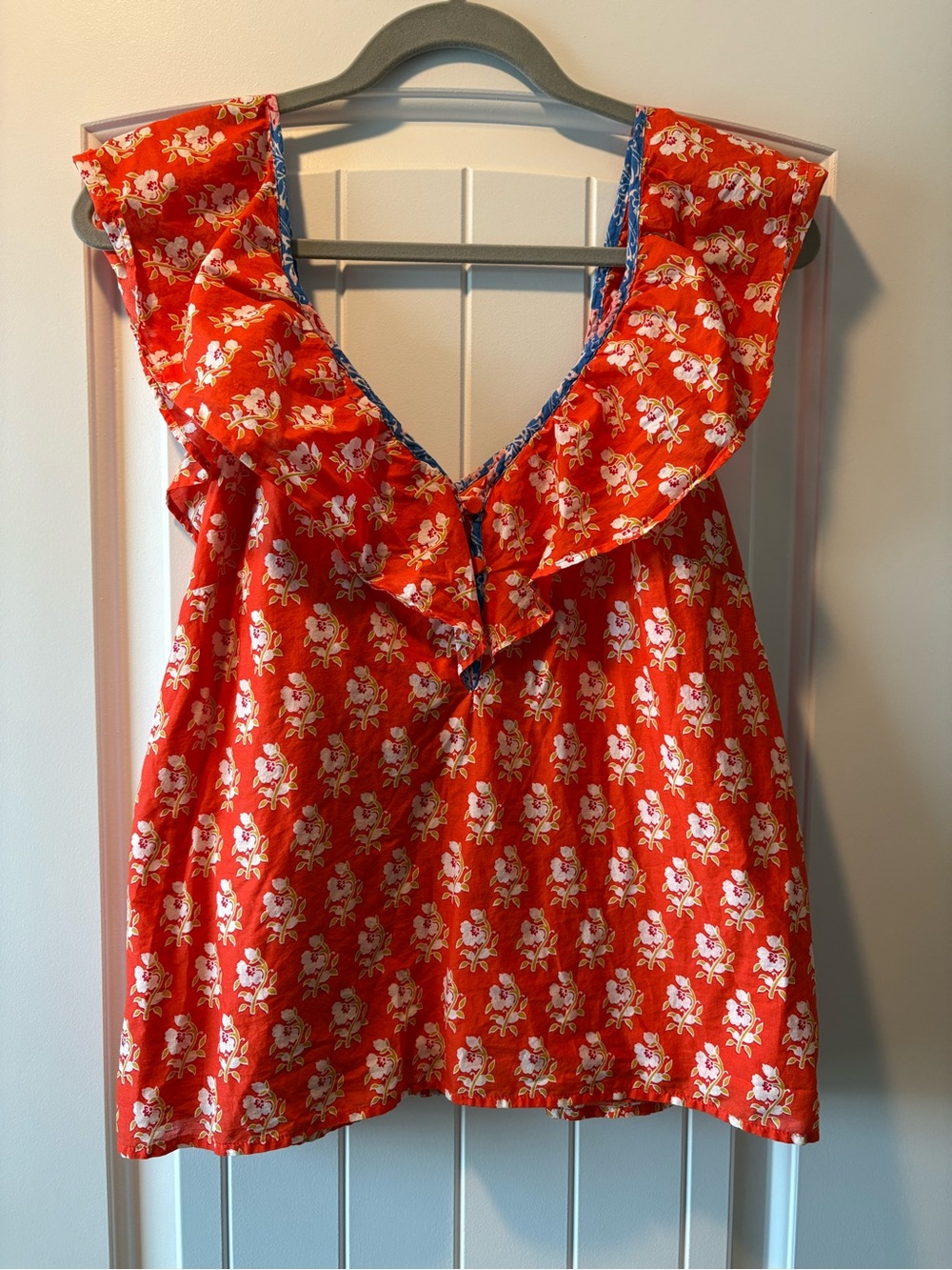 J. Crew Floral Ruffle V-Neck Tank Top - Red/Orange Red Boho Summer 100% Cotton